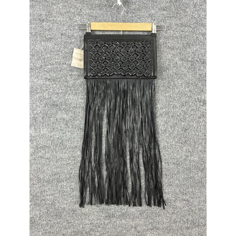 Uterque Woven Leather Fringe Wrap Clutch Bag Black Boho Party Chic Resort Summer